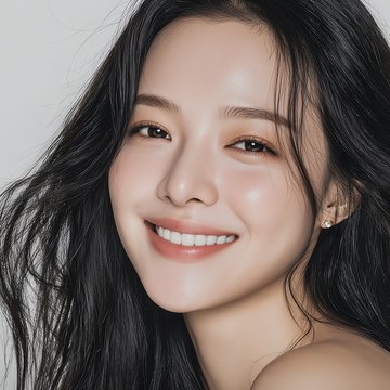 활짝 웃는 긴 머리 여성 모델 얼굴