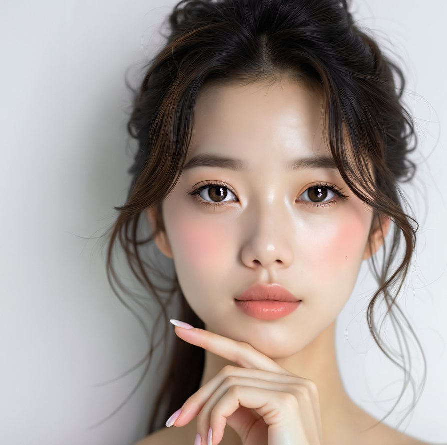 손끝을 턱에 댄 올림머리 여성 모델 정면 — 연회색 바탕