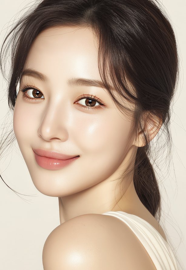 어깨 너머로 돌아보며 웃는 묶은 머리 여성 모델 — 베이지 바탕