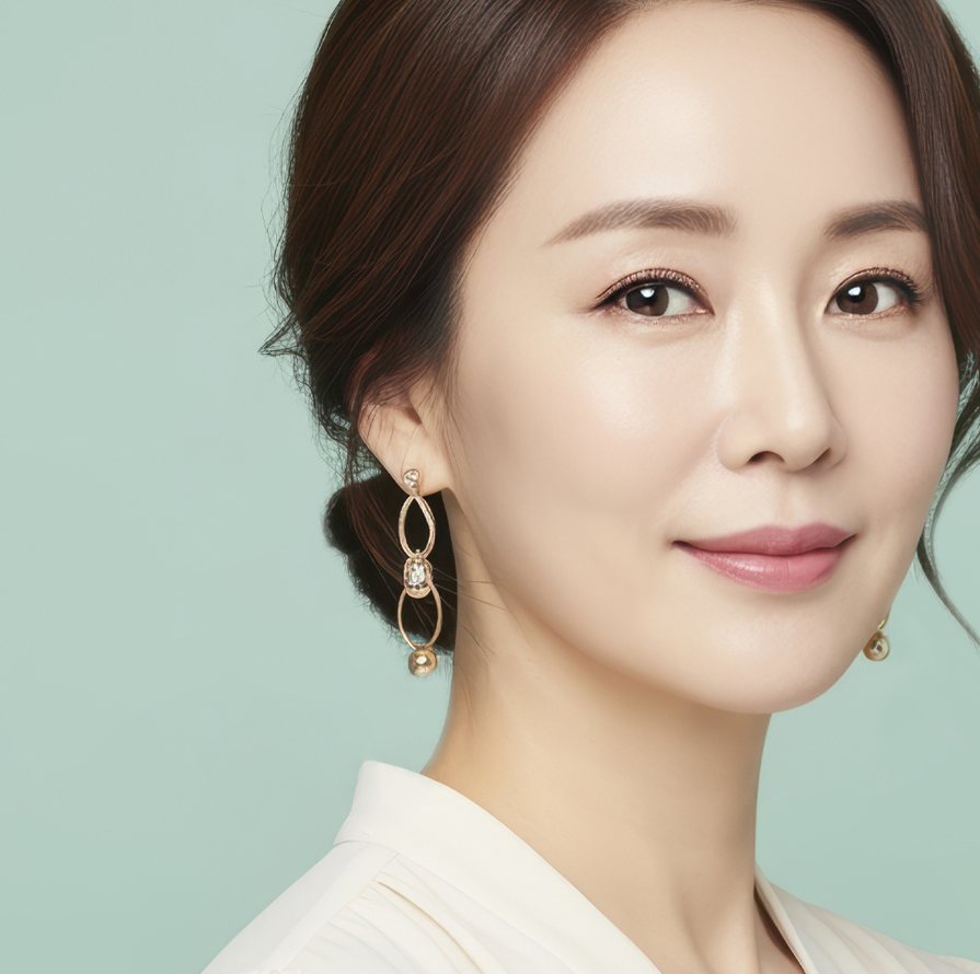 올림머리에 귀걸이를 한 중년 여성 모델 — 민트 회녹색 바탕